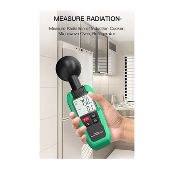 A person using the handheld digital EMF meter to check for electromagnetic fields around a refrigerator.